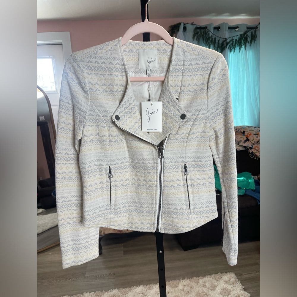 Joie Tweed Moto Jacket Neutral Cream Gray Cotton Blend Zip Women’s Small NWT - Picture 2 of 6